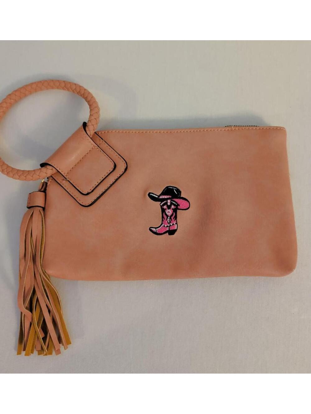 Blush Pink Faux Leather O-Ring Wristlet Clutch Cowgirl Boot Patch Western